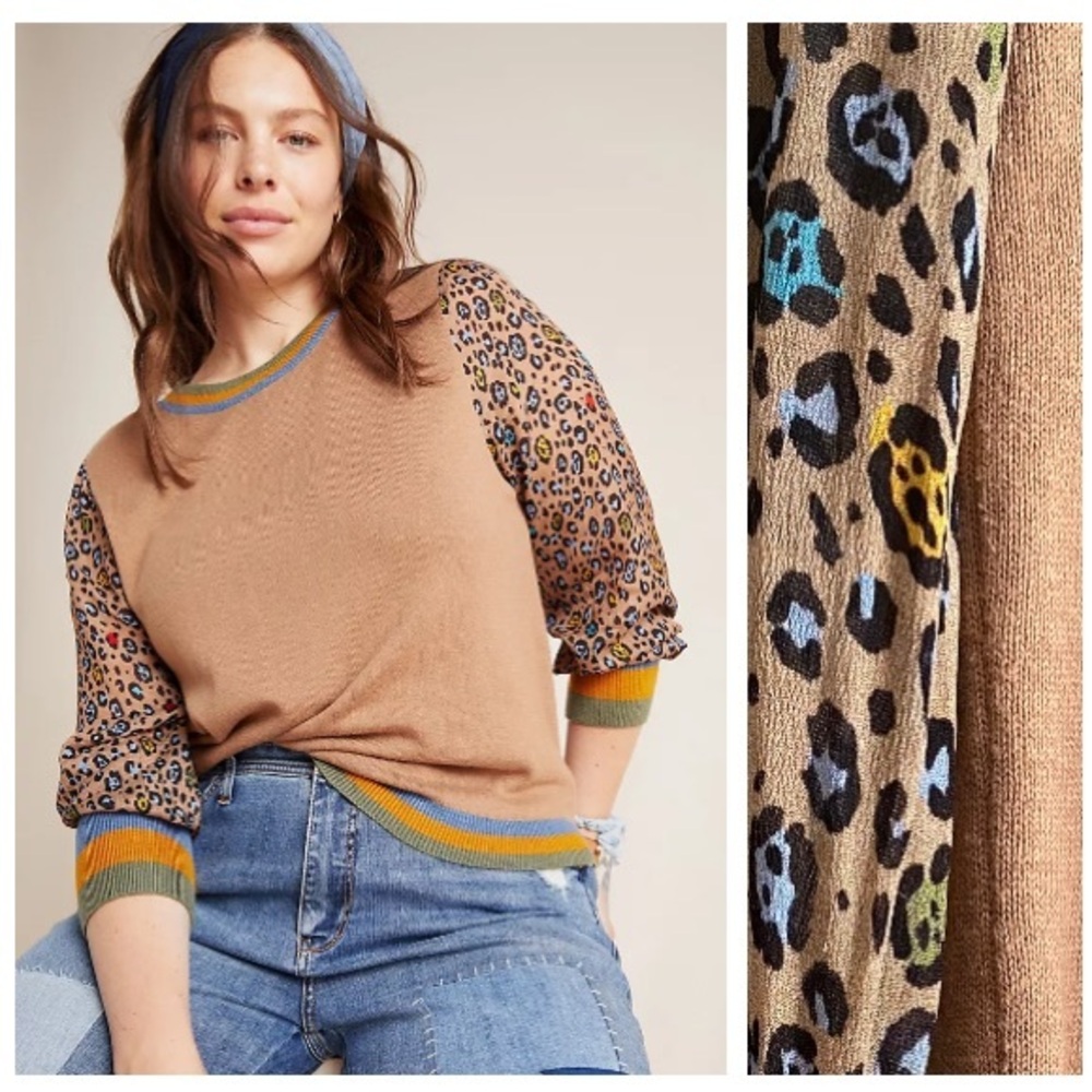 Anthropologie Conditions Apply Tan Leopard Sleeve Celina Knit Sweater Small